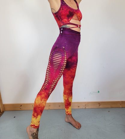 Lion Heart Yoga leggings Hand Dyed, fire safe, gift for her, hula hoop, slit weave