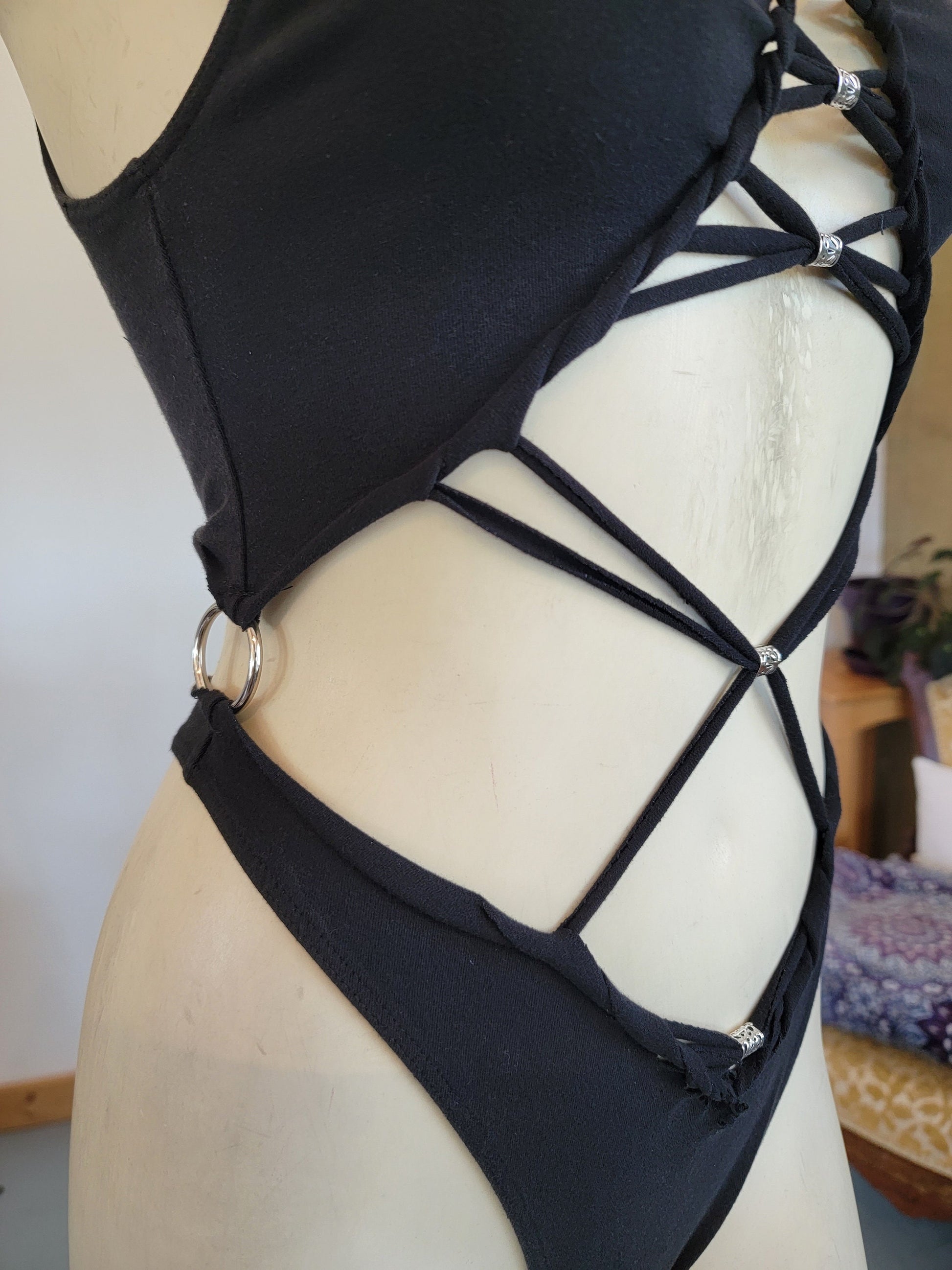 DRAGONESS Braided bodysuit Yoga, Festival, dance, pole, hoop fashion, slit weave __etsy:5192598337