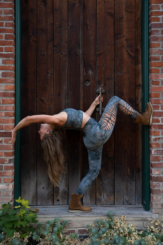 Pewter Yoga leggings Hand Dyed, fire safe, gift for her, hula hoop, slit weave