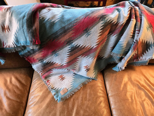 Southwest Inspired Blue Orange Wool Throw Blanket