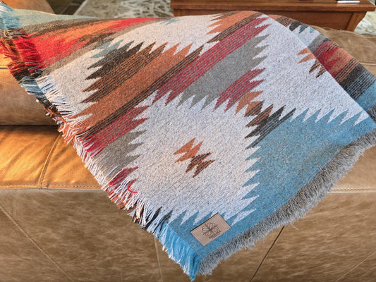 Southwest Inspired Blue Orange Wool Throw Blanket