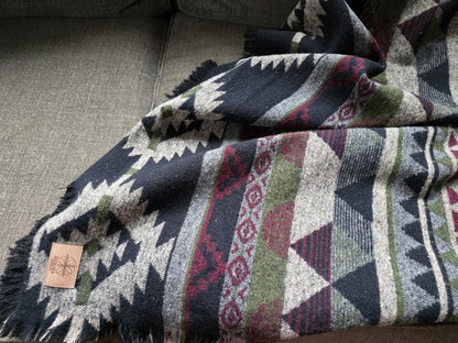 Southwest Inspired green and red Wool Throw Blanket