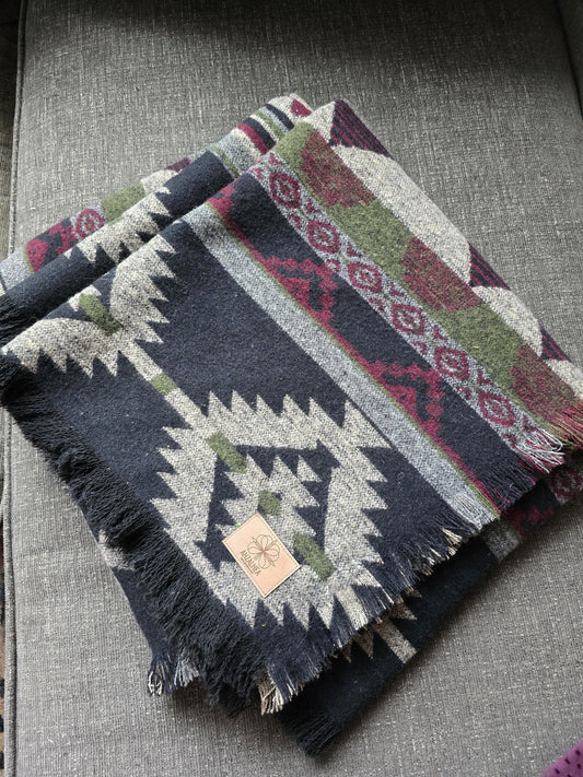 Southwest Inspired green and red Wool Throw Blanket