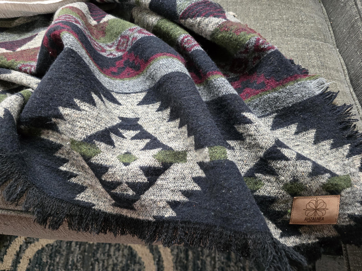 Southwest Inspired green and red Wool Throw Blanket __etsy:6350633526