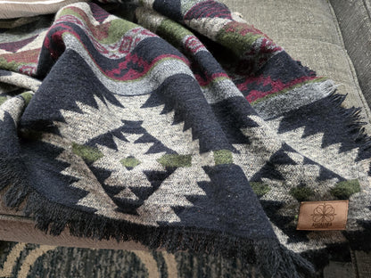 Southwest Inspired green and red Wool Throw Blanket __etsy:6350633526