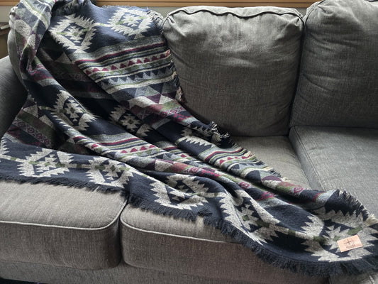 Southwest Inspired green and red Wool Throw Blanket