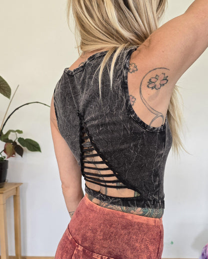Square Neck Mineral Wash Crop  Braided Crop Tank Top