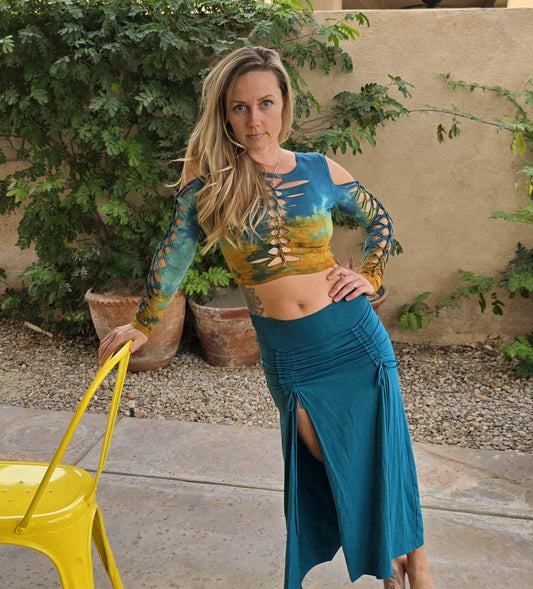 Long Sleeved Amber to Jade Crop Top Braided Shirt/Festival Yoga Boho hula hoop slit weave