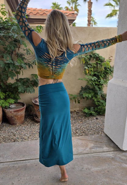 Long Sleeved Amber to Jade Crop Top Braided Shirt/Festival Yoga Boho hula hoop slit weave