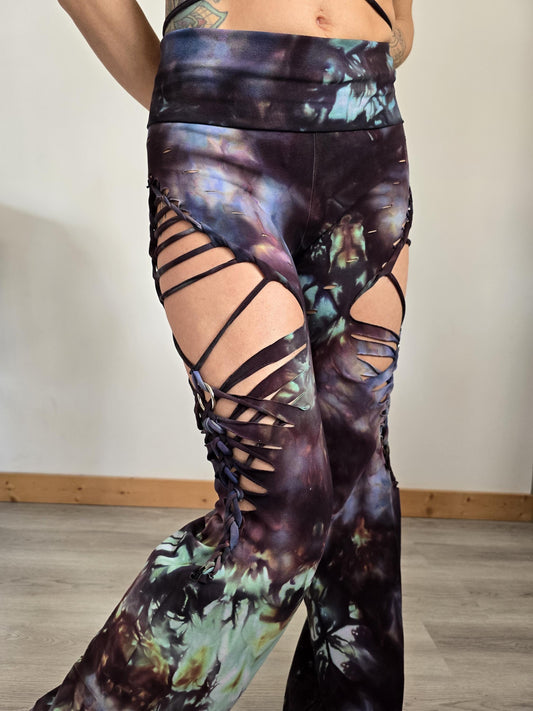Ice Dye Kaleidoscope Flares Yoga Pants, ripped pants, gift for her, festival, rave, fire safe