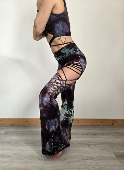 Ice Dye Kaleidoscope Flares Yoga Pants, ripped pants, gift for her, festival, rave, fire safe