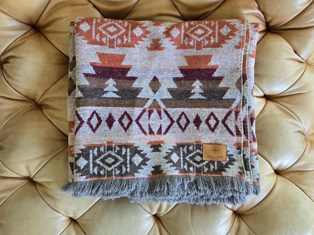 Southwest Inspired Gray and Orange Wool Throw Blanket __etsy:7189511701