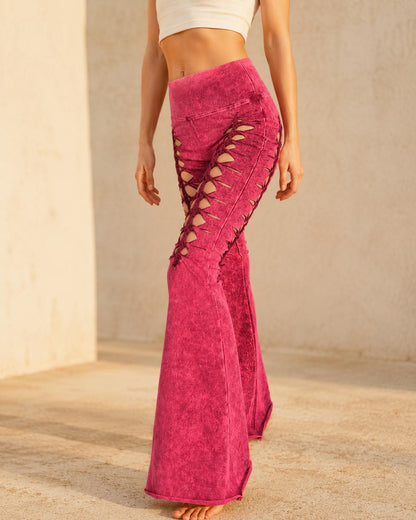 Mineral Wash Rose Flare Yoga Pants: Ripped Foldover Waist __etsy:8172939599